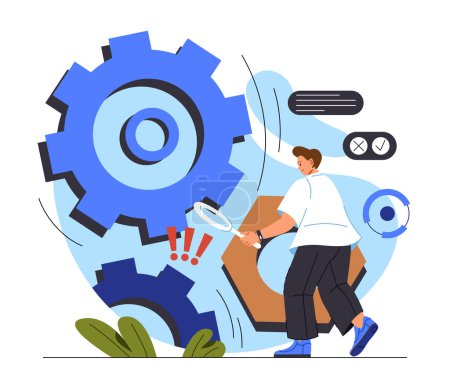 Illustration for Man with problem analysis concept. Young guy with magnifying glass look at gears and coghweel. Entrepreneur or analyst evaluates workflow efficiency. Cartoon flat vector illustration - Royalty Free Image