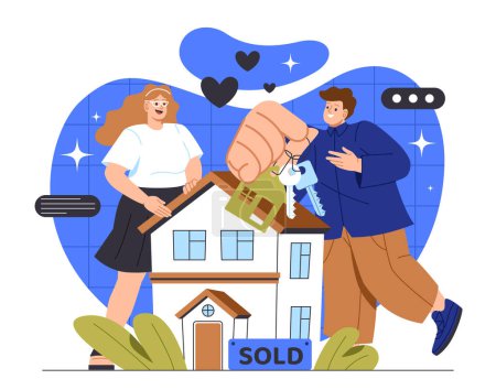 Illustration for People with real estate concept. Woman and man with keys near private property. Investment and trading. Young guy and girl near building. Buyers with house. Cartoon flat vector illustration - Royalty Free Image