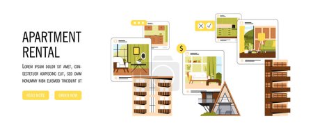 Illustration for Rental property banner concept. Landing page design. Real estate and buildings. Mobile application for buying home and apartment. Poster or cover for website. Cartoon flat vector illustration - Royalty Free Image