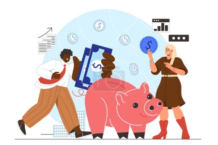 Illustration for Savings keeping concept. Man and woman near piggy bank. Financial literacy and economy. Accounting and budget planning. Family with cash, banknotes and coins. Cartoon flat vector illustration - Royalty Free Image