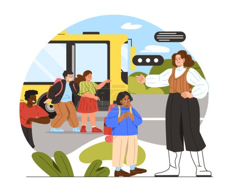 Illustration for Kids in school trip concept. Woman with boys and girs near yellow bus. Schoolers in travel. Education and learning, studying. Schoolkids at road with transport. Cartoon flat vector illustration - Royalty Free Image