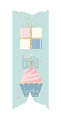 Illustration for Scrapbook paper tape concept. Greeting postcard for birthday design. Dessert and delicacy, cake with candle. Poster or banner for website. Cartoon flat vector illustration isolated on white background - Royalty Free Image