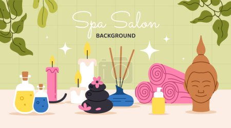 Illustration for Spa salon background concept. Colorful towels, candles and aroma sticks. Pack for relaxation and wellbeing, spa procedures. Stones with flowers and lotion. Cartoon flat vector illustration - Royalty Free Image