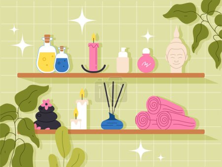 Illustration for Spa skincare products at shelves. Colorful towels, candles and aroma sticks. SPA procedures and relaxation, massage. Colorful lotiones in glass flasks. Cartoon flat vector illustration - Royalty Free Image