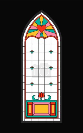 Illustration for Stained glass window concept. Abstract traditional ornaments. Flower with geometric figures and shapes. Exterior and facade for church. Cartoon flat vector illustration isolated on black background - Royalty Free Image