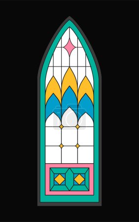 Illustration for Stained glass window concept. Abstract traditional ornaments and patterns. Template, layout and mock up. Exterior and facade for church. Cartoon flat vector illustration isolated on black background - Royalty Free Image