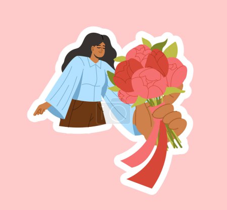 Illustration for Woman with flowers sticker concept. Young girl with bouquet. Romance and love. Character with romantic gift or present. Cartoon flat vector illustration isolated on pink background - Royalty Free Image