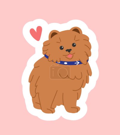 Illustration for Fluffy brown puppy sticker concept. Young girl at reflection. Self acceptance and confidence. Positivity and optimism. Cartoon flat vector illustration isolated on pink background - Royalty Free Image