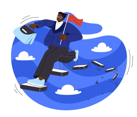 Illustration for Businessman taking risk concept. Young guy with flag runs up breaking stairs at sky. Motivation and leadership. Successful entrepreneur with start up. Cartoon flat vector illustration - Royalty Free Image