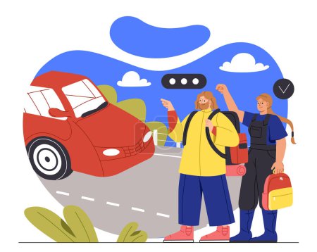 Illustration for Tourists with bags near car concept. Man and woman hitchhiking. Travel and trip, active lifestyle. Young guy and girl near highway. Couple travelling with automobile. Cartoon flat vector illustration - Royalty Free Image