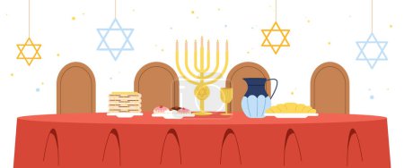 Traditional jewish table concept. Delicious and festive meals, Menorah. Hannah Torah celebrate and holiday. Poster or banner for website. Dessert and delicacy. Cartoon flat vector illustration