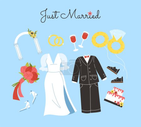 Illustration for Set of wedding elements. Dress and suit near rings with diamond. Marriage ceremony objects. Clothes for groom and bride. Cartoon flat vector collection isolated on blue background - Royalty Free Image