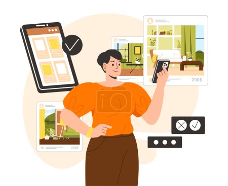 Illustration for Woman chooses apartment concept. Young girl with smartphone look at houses. Deals with real estate and private property. Seller or buyer with mobile app. Cartoon flat vector illustration - Royalty Free Image