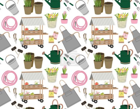 Illustration for Seamless pattern with gardening tools. Repeating design element for printing on fabric. Colorful watering cans, shovel and flowerpots with plants in soil. Cartoon flat vector illustration - Royalty Free Image