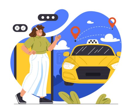 Ilustración de Mujer llamando al concepto de taxi. Chica joven cerca de teléfono inteligente y coche amarillo. Viajes y turismo, viajes. Turista con infraestructura urbana. Ilustración vectorial plana de dibujos animados aislada sobre fondo blanco - Imagen libre de derechos