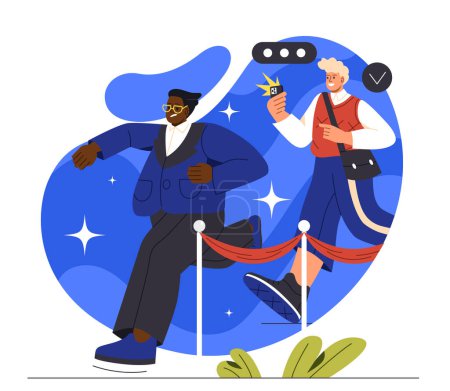 Illustration for Celebrity routine concept. Famous person run away from paparazzi or journalist. Problems of stars. Man hid from photograph. Cartoon flat vector illustration isolated on white background - Royalty Free Image