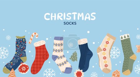 Illustration for Christmas socks banner. Woolen and knitten accessories and clothing elements for winter holiday and festival. New Year patterns. Cartoon flat vector illustration isolated on blue background - Royalty Free Image