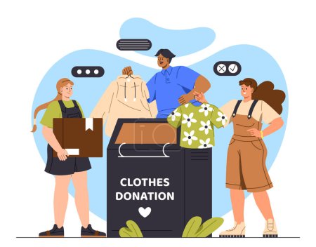 Illustration for Clothes donation concept. Man and women near box. Activists and volunteers of fund. Charity, kindness and generosity. Cartoon flat vector illustration isolated on white background - Royalty Free Image