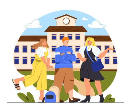 Illustration for College students concept. Boy and girls near school building. Education, learning and training. Schoolers near university. Cartoon flat vector illustration isolated on white background - Royalty Free Image