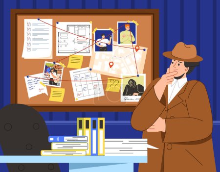 Illustration for Detective at board concept. Man in brown hat and coat look at evidences. Officer and policeman with investigations. Young guy looking for criminal. Cartoon flat vector illustration - Royalty Free Image