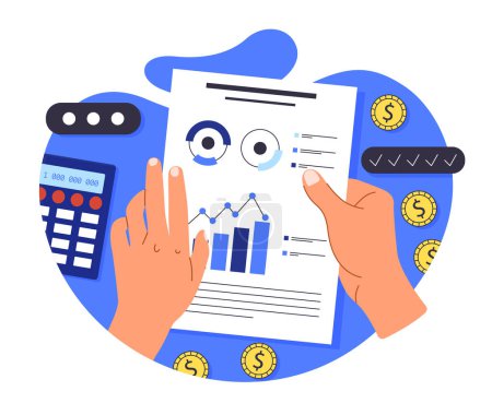 Illustration for Financial data concept. Report on paper with graphs and diagrams. Accounting and budgeting. Financial literacy and analytics. Cartoon flat vector illustration isolated on white background - Royalty Free Image