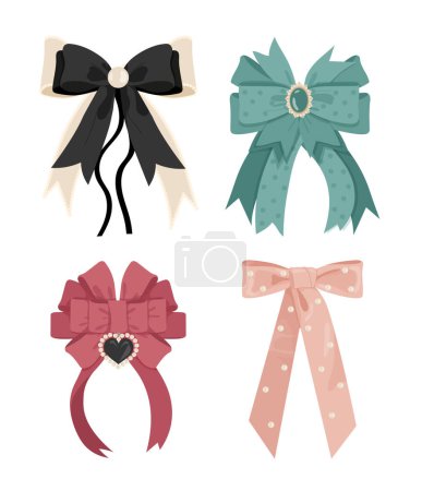 Illustration for Set of hair bows. Colorful elements of clothes and accessories for girls. Fashion, trend and style. Aesthetics and elegance. Cartoon flat vector collection isolated on white background - Royalty Free Image