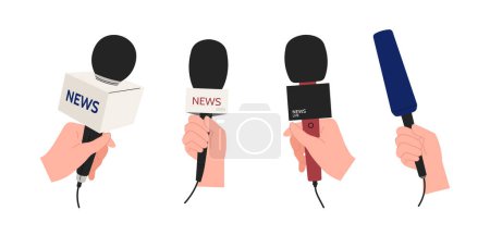 Illustration for Hands holding microphone set. Journalists take interview. Equipment for mass media. Record sounds and audio. Social media stickers. Cartoon flat vector collection isolated on white background - Royalty Free Image