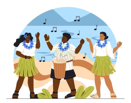 Ilustración de Concepto de fiesta hawaiano. Hombre con tambor y mujeres con ropa tradicional. Vacaciones en un país tropical y exótico. Músico y bailarines. Ilustración vectorial plana de dibujos animados aislada sobre fondo blanco - Imagen libre de derechos