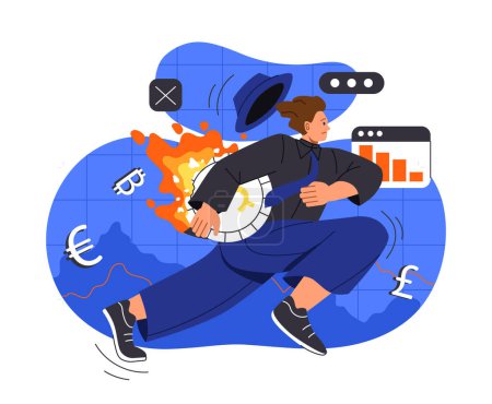 Illustration for Man with inflation concept. Young guy with burning coin run away. Recession and global economy problems. Crisis and bankruptcy. Cartoon flat vector illustration isolated on white background - Royalty Free Image