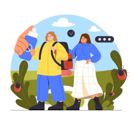 Illustration for Insects ticks concept. Man and woman wth spray against mosquito in hands. Rest and leisure outdoor. Protection from bites. Cartoon flat vector illustration isolated on white background - Royalty Free Image