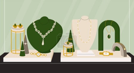 Illustration for Jewelry store showcase concept. Green and white mannequins with gemstone necklace. Golden watches and earrings wth diamonds. Beauty, aesthetics and elegance. Cartoon flat vector illustration - Royalty Free Image