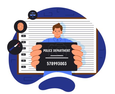 Illustration for Mugshot of man concept. Young guy with table. Criminal in police. Gangster and robber with fingerprints. Character in prison. Cartoon flat vector illustration isolated on white background - Royalty Free Image