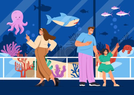 Illustration for People in Oceanarium concept. Woman and father with daughter look through windows at marine dwellers. Octopus, fishes and shark. Sea or ocean fauna. Cartoon flat vector illustration - Royalty Free Image