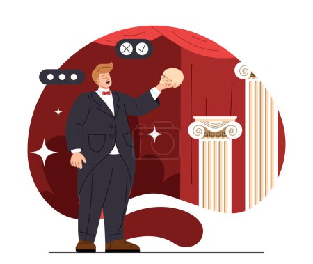 Illustration for Theatrical performance concept. Man in suit with skull in hand. Creativity and art, cultural leisure. Young guy perform at scene. Cartoon flat vector illustration isolated on white background - Royalty Free Image