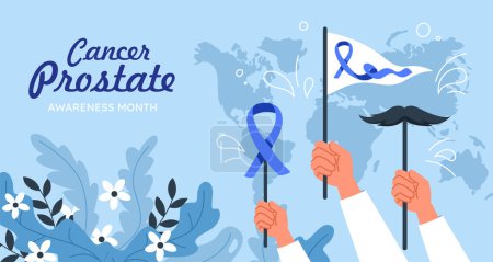 Illustration for Prostate cancer poster. Hands with blue ribbon and flags. Mont of awareness, international holiday. Health care and treatment, prevention. Cover or banner. Cartoon flat vector illustration - Royalty Free Image