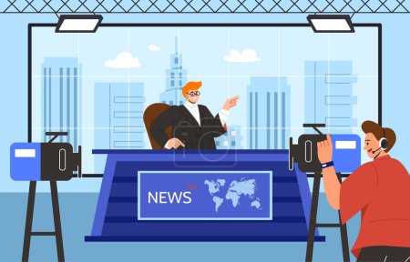 Illustration for TV live news show concept. Anchor in studio with cameraman. Mass media and host for television program. Information for audience. Poster or banner. Cartoon flat vector illustration - Royalty Free Image