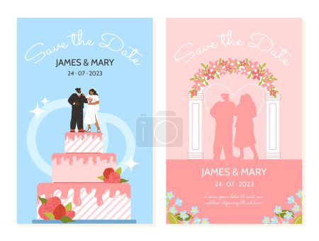 Illustration for Wedding invitation posters set. Bride and groom, wife and husband at cakke. Marriage ceremony and party greeting postcards. Cartoon flat vector collection isolated on white background - Royalty Free Image