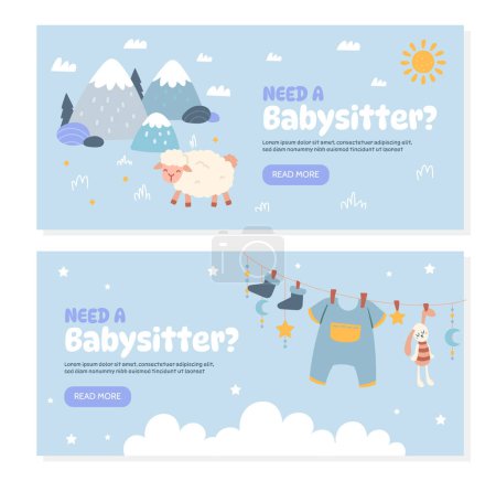 Illustration for Babysitter posters set. Advertising and marketing. Dry clothes at rope. Parenthood and childhood. Cover, flyer and booklet. Cartoon flat vector collection isolated on white background - Royalty Free Image