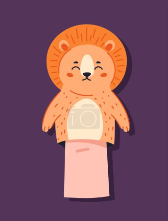 Illustration for Finger puppet concept. Fluffy lion for entertainment and fun. Toy for theatrical performance. Social media sticker. Cartoon flat vector illustration isolated on violet background - Royalty Free Image
