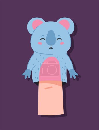 Illustration for Finger puppet concept. Fluffy sloth for entertainment and fun. Toy for theatrical performance. Template and layout. Cartoon flat vector illustration isolated on violet background - Royalty Free Image
