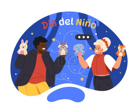 Illustration for Childrens Day in spanish concept. International traditional holiday and festival. Man and woman with toys at hands. Poster or banner. Cartoon flat vector illustration isolated on white background - Royalty Free Image