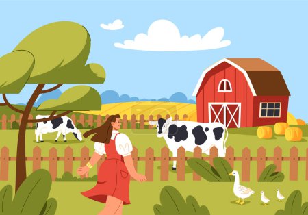 Illustration for Countryside scene concept. Woman near fence with cows and goses at background of barn with haystacks. Rural village and farm. Spring and supper landscape. Cartoon flat vector illustration - Royalty Free Image