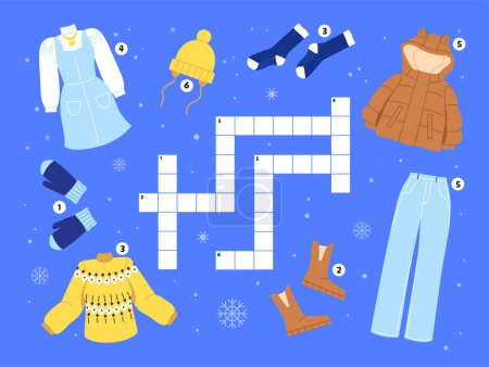 Illustration for Crossword clothes set. Dress, socks and yellow sweater and hat. Educational materials for kids. Logical puzzle and riddles. Cartoon flat vector collection isolated on blue background - Royalty Free Image