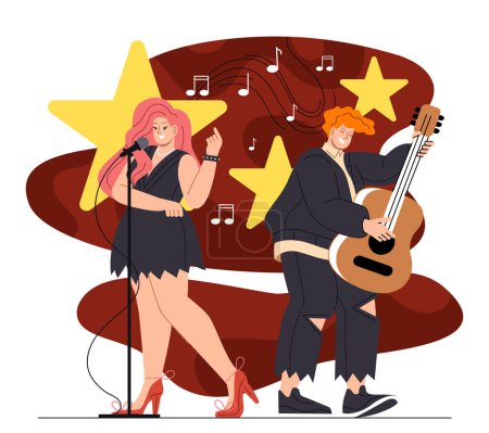 Illustration for Indie music concept. Woman singer with mic and man guitarist with guitar. Musical band, artists perform at scene and stage. Cartoon flat vector illustration isolated on white background - Royalty Free Image