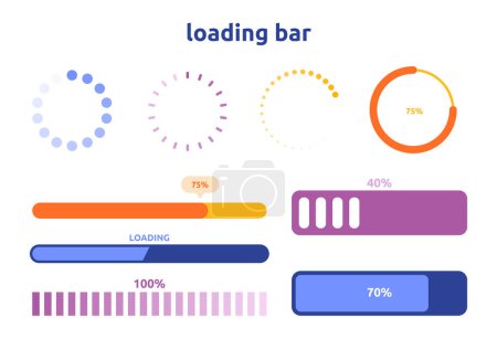 Illustration for Loading progress bar icons set. Design elements for website. Downloading and uploading. Colorful bars and circles for mobile application. Cartoon flat vector collection isolated on white background - Royalty Free Image