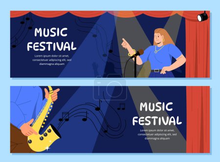 Illustration for Music festival posters set. Woman and man with saxophone at scene near microphones. Artist perform at stage. Creativity and art. Cartoon flat vector collection isolated on blue background - Royalty Free Image