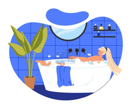 Téléchargez les illustrations : Concept de bain relaxant. Femme se reposer dans la salle de bain avec des bulles. Savon et eau. Soins spa et procédures de beauté. Confort et confort à l'intérieur appartement. Illustration vectorielle plate de bande dessinée - en licence libre de droit