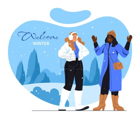 Illustration for Welcome winter concept. Women in warm clothes under snow. Cold weather, Christmas and New Year. Greeting postcard design. Two girls talking outdoor. Cartoon flat vector illustration - Royalty Free Image
