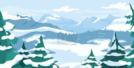 Ilustración de Concepto de paisaje invernal. Árboles de Navidad, montañas y colinas bajo la nieve. Clima frío hermoso panorama y paisaje. Rocas y acantilados bajo las capas de nieve. Dibujos animados ilustración vector plano - Imagen libre de derechos
