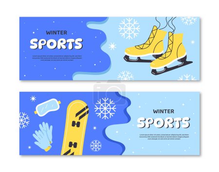Ilustración de Conjunto de pancartas de deportes de invierno. Snowboard amarillo y cielos con copos de nieve, guantes azules y gafas. Deportes extremos y estilo de vida activo. Dibujos animados colección vector plano aislado sobre fondo blanco - Imagen libre de derechos